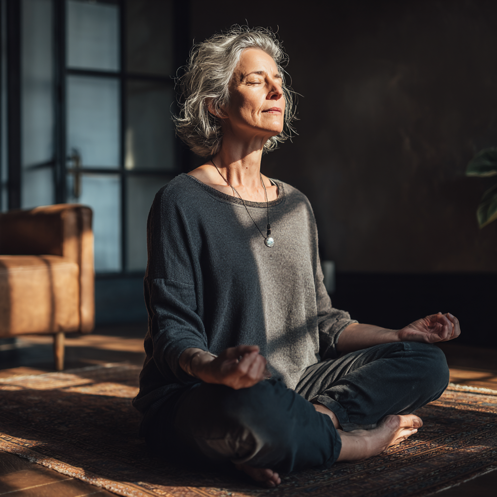 Mature woman practicing mindful meditation in peaceful studio setting